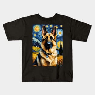 German Shepherd Dog Breed in a Van Gogh Starry Night Art Style Kids T-Shirt